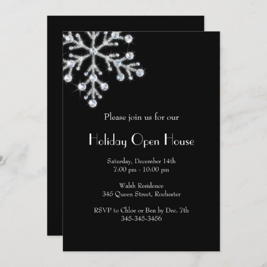 Invitation Holiday Crystal Snowflake Open House (noir) (Devant / Derrière)