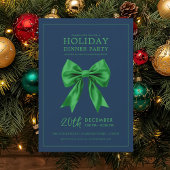 Invitation Holiday Dinner Party Green Satin Bow Navy