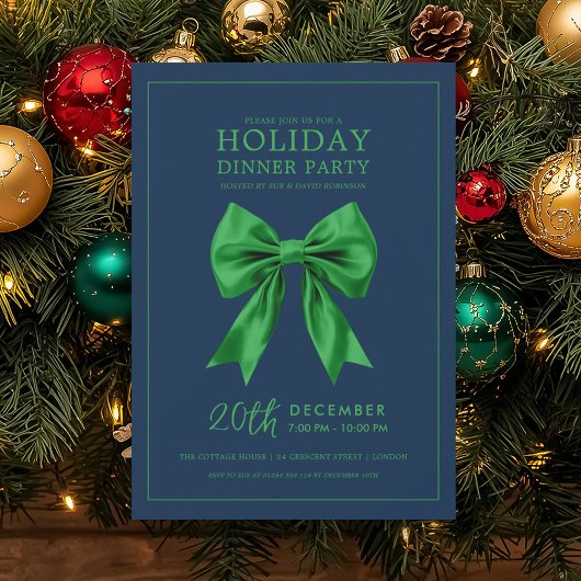 Invitation Holiday Dinner Party Green Satin Bow Navy