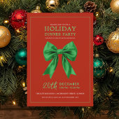 Invitation Holiday Dinner Party Green Satin Bow Red