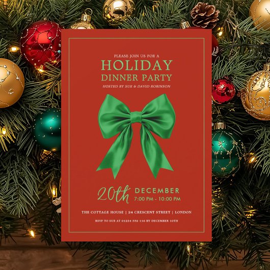 Invitation Holiday Dinner Party Green Satin Bow Red
