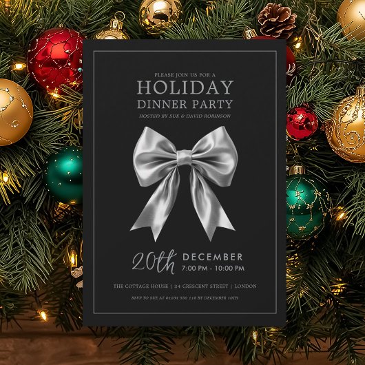 Invitation Holiday Dinner Party Silver Satin Bow Black