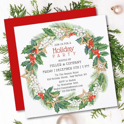 Invitation Holiday Holly Wreath Corporate Christmas Party