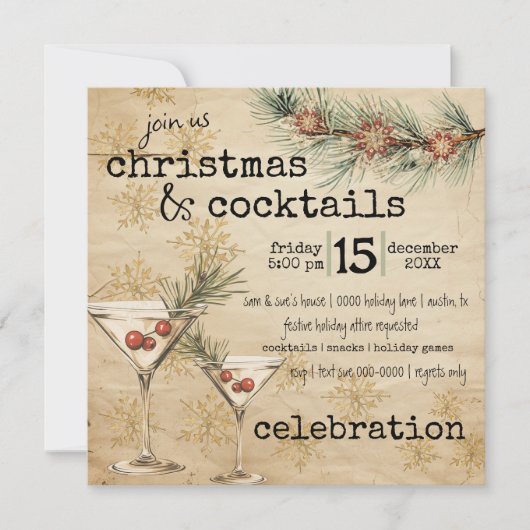 Invitation Holiday Martinis Rustic Pine et Fête des Snowflake (Devant)