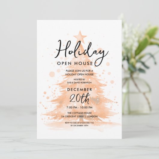 Invitation Holiday Open House Rose Gold Hand Painted Tree (Debout devant)