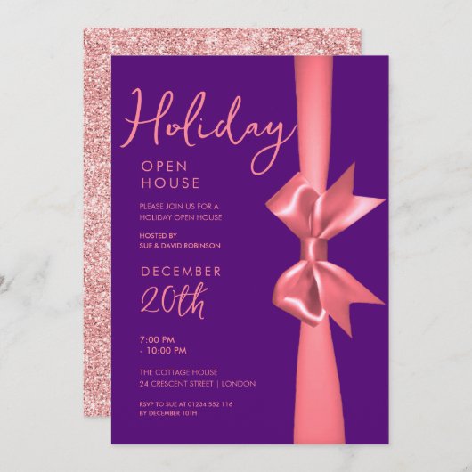 Invitation Holiday Open House Rose Gold Ribbon violet (Devant / Derrière)