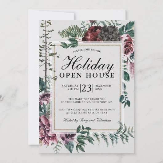 Invitation Holiday Open House Rustic Red Floral (Devant)