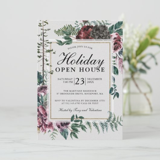 Invitation Holiday Open House Rustic Red Floral (Debout devant)