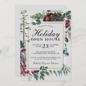 Invitation Holiday Open House Rustic Red Floral (Devant / Derrière)