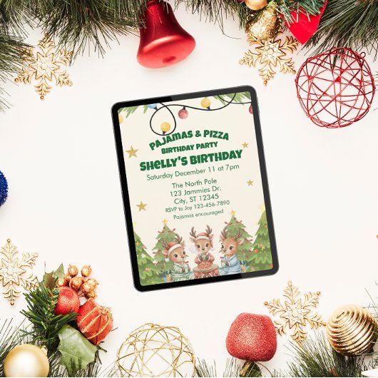 Invitation Holiday Pajama Pizza Birthday Party, reindeer