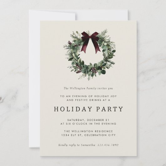 Invitation Holiday Party Festive Christmas Wreath Ribbon (Devant)