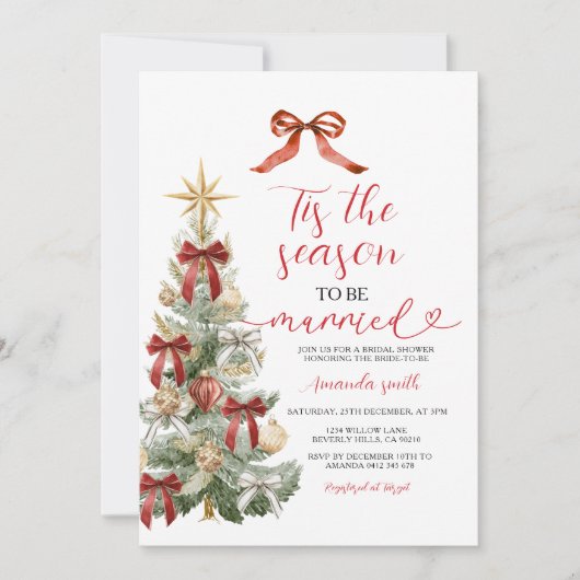 Invitation Holiday Red Bow Christmas Tree Couple Wedding (Devant)