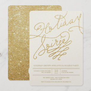 Invitation Holiday Soiree Gold Parties scintillant Script Soi