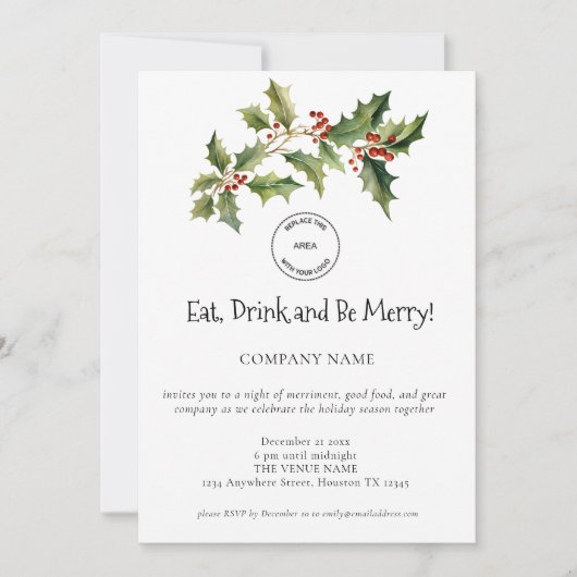 Invitation Holly Berries Company Logo Noël Party (Devant)