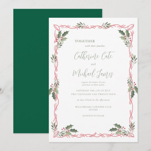 Invitation Holly Berries Green Christmas Theme Wedding (Devant / Derrière)