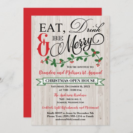 Invitation Holly, Berries, Mange, Bois et Sois Joyeux (Devant / Derrière)