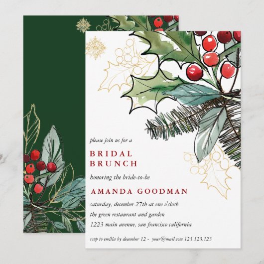 Invitation Holly Berries Noël Mariage Brunch nuptial (Devant / Derrière)