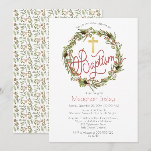 Invitation Holly | Berries Pine Wreath Christmas Baptism Invi (Devant / Derrière)