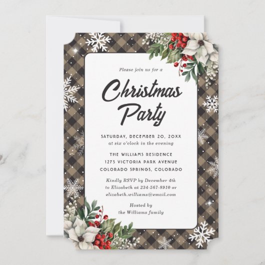 Invitation Holly Berries Poinsettia Plaid Christmas Party (Devant)