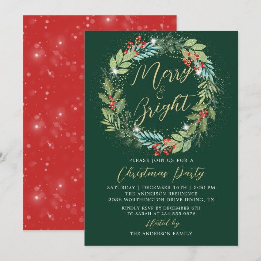Invitation Holly Berries Wreath Green Red Christmas Party (Devant / Derrière)