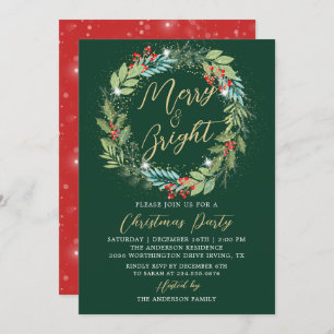 Invitation Holly Berries Wreath Green Red Christmas Party