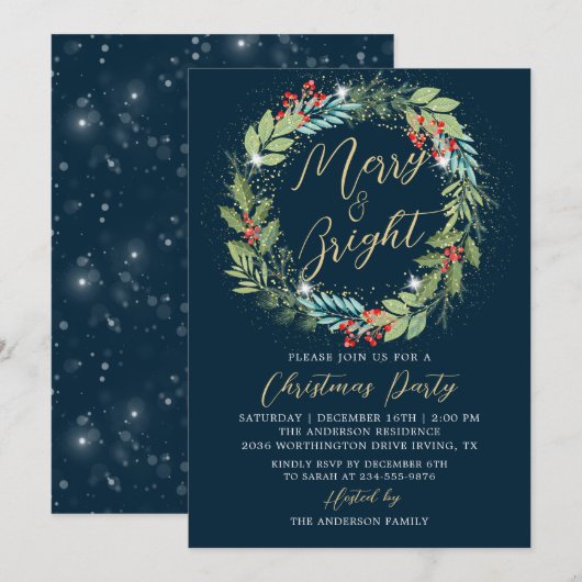 Invitation Holly Berries Wreath Winter Blue Christmas Party (Devant / Derrière)