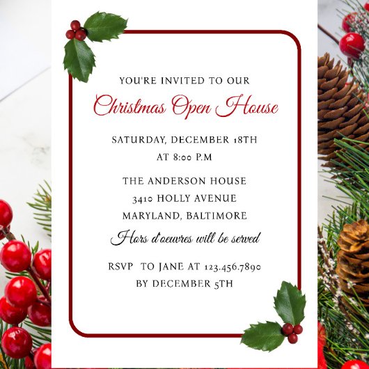 Invitation Holly Berrries et Feuille Christmas Open House