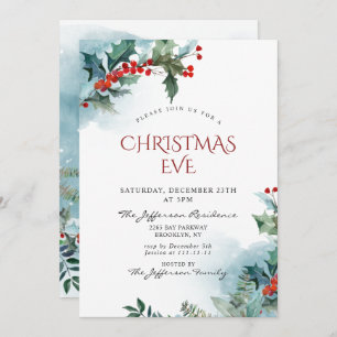 Invitation Holly Berry Christmas Mistletoe Holiday EVE