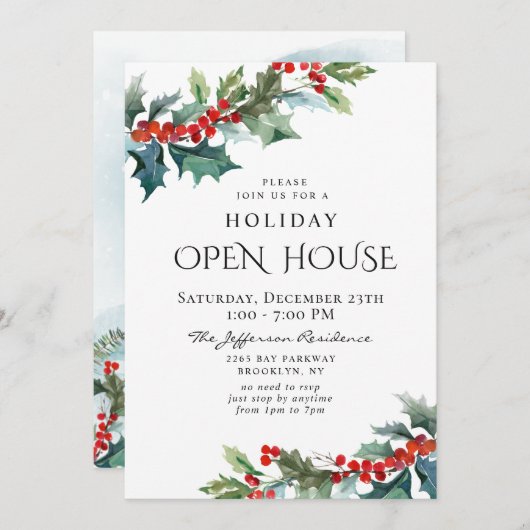 Invitation Holly Berry Christmas Mistletoe Holiday OPEN HOUSE (Devant / Derrière)