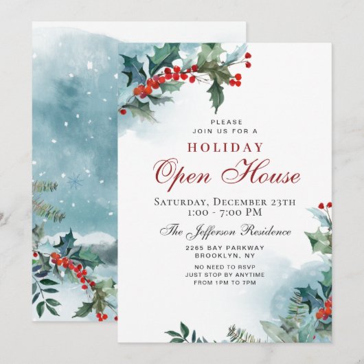 Invitation Holly Berry Christmas Mistletoe Holiday OPEN HOUSE (Devant / Derrière)