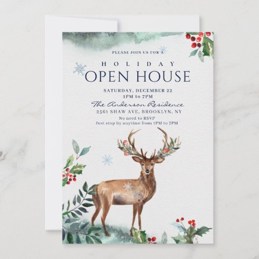 Invitation Holly Berry Deer Christmas Holiday Open House (Devant)