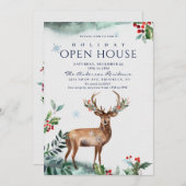Invitation Holly Berry Deer Christmas Holiday Open House (Devant / Derrière)