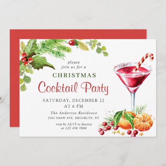 Invitation Holly Berry Fête de Noël Cocktail (Devant / Derrière)