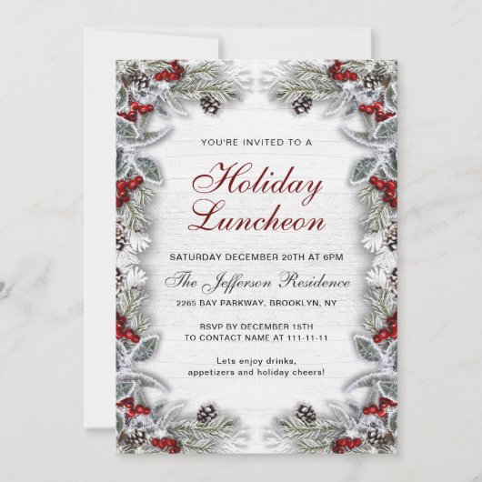 Invitation Holly Berry Pine Cones Branch Déjeuner de vacances (Devant)