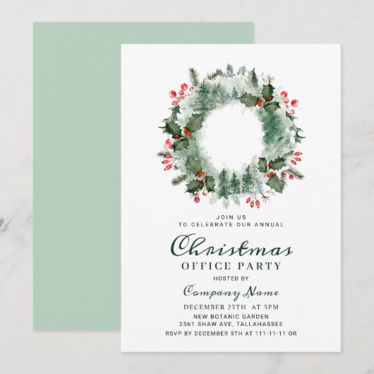 Invitation Holly Berry Pine Wreath Corporate Christmas Party (Devant / Derrière)