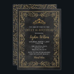 Invitation Holly Black Gold Princess Tiara Sweet 16 Anniversa<br><div class="desc">Élégant Vintage Noël Holly Mistletoe Black Gold Princesse Tiara Sweet 16 Anniversaire Invitation</div>