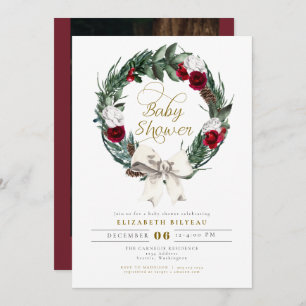 Invitation HOLLY Christmas Burgundy Floral Baby shower photo