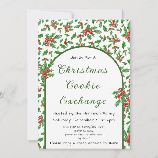 Invitation Holly Christmas Cookie Exchange Rouge et Vert (Devant)