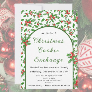 Invitation Holly Christmas Cookie Exchange Rouge et Vert