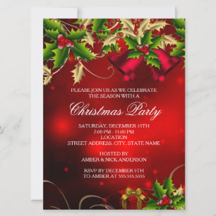 Invitation Holly Feuilles & Bell Red Christmas Party Invitati