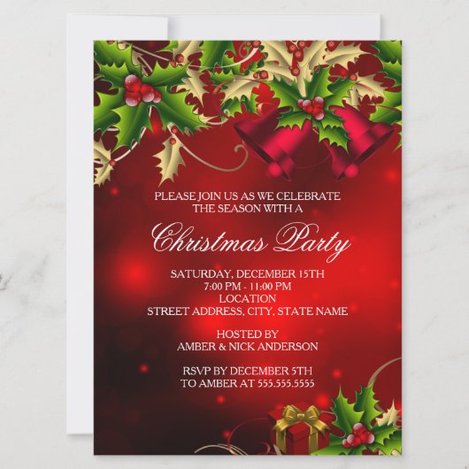 Invitation Holly Feuilles & Bell Red Christmas Party Invitati (Devant)