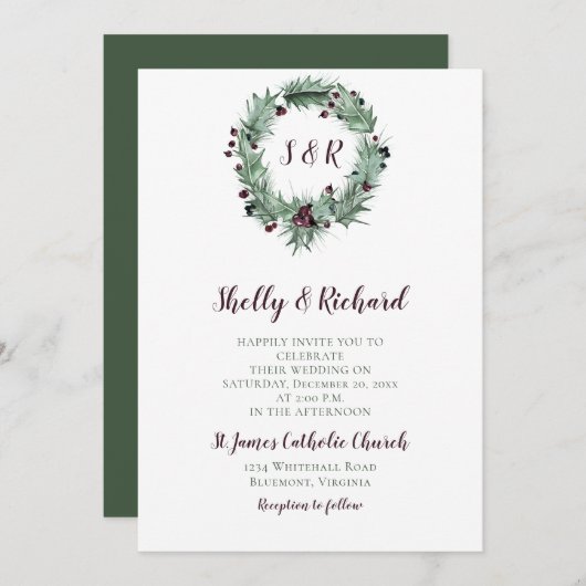 Invitation Holly Feuilles, Berries, Ferns Wreath Mariage d'hi (Devant / Derrière)
