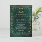 Invitation Holly Green Gold Princesse Tiara Sweet 16 Annivers (Debout devant)