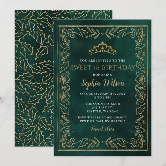 Invitation Holly Green Gold Princesse Tiara Sweet 16 Annivers (Devant / Derrière)