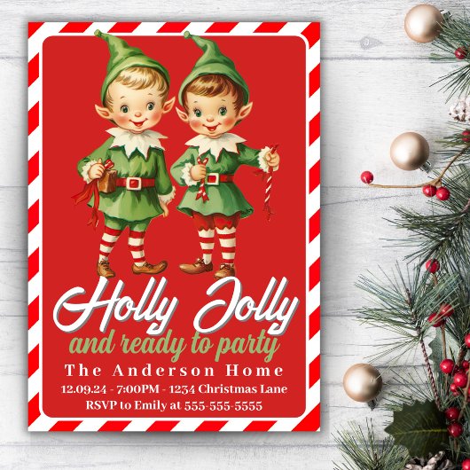 Invitation Holly Jolly Vintage Christmas Elves