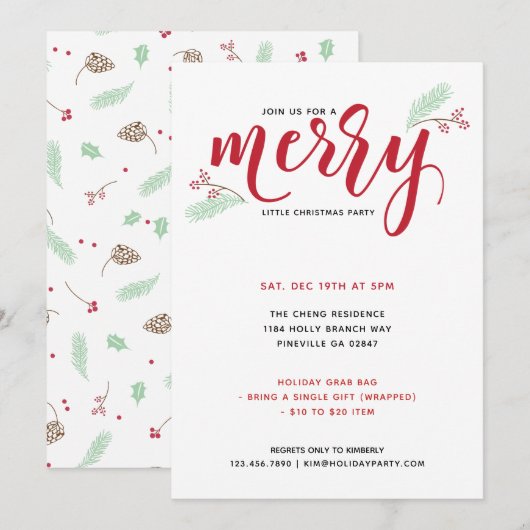 Invitation Holly & Pine Merry Little Christmas Party (Devant / Derrière)