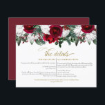Invitation HOLLY Winter Christmas Burgundy Détails du Mariage<br><div class="desc">Ce mariage de détails carte d'enceinte présente des fleurs bordeaux et blanches d'hiver avec des sprigs de pin et une police dorée élégante. Modifiez facilement le libellé *most* pour répondre aux besoins de votre événement et changez la couleur sur le côté arrière pour mieux correspondre à votre événement.</div>
