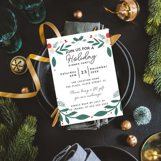 Invitation Holly Wreath Holiday Dinner Party Foliage Greenery