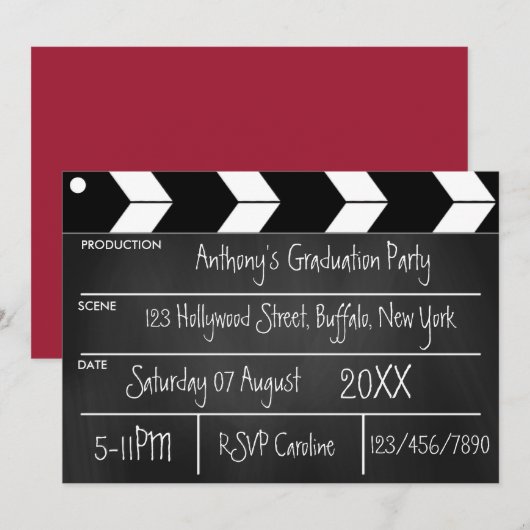 Invitation Hollywood Movie Graduation Party Chalkboard Invit (Devant / Derrière)