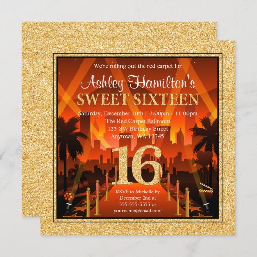 Invitation Hollywood Red Carpet City Gold Parties scintillant (Devant / Derrière)